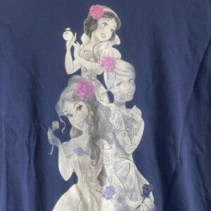 TWO Disney Princess Navy Blue Short Sleeve Tee. Grey Minnie & Mickey hugging.